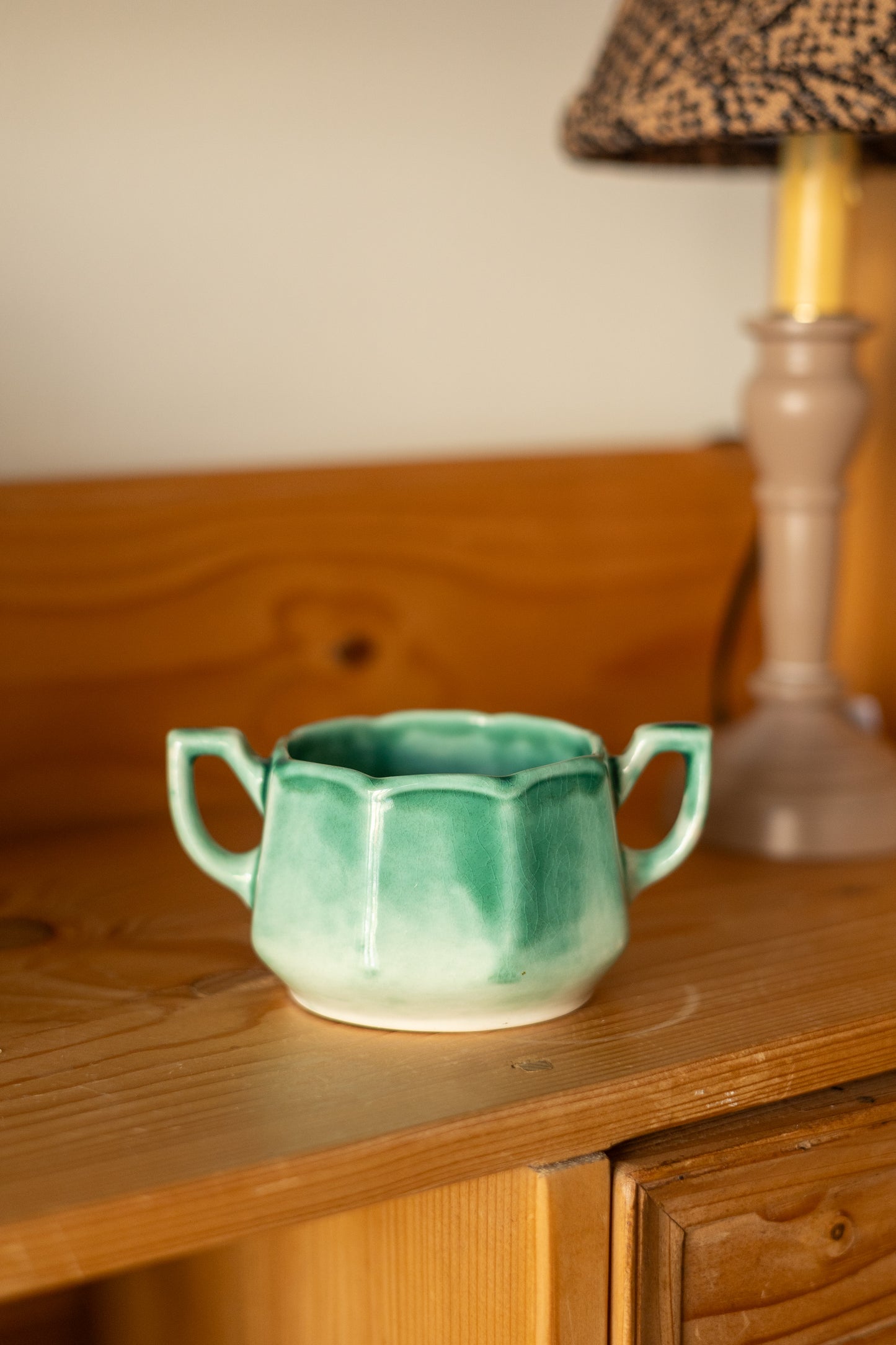 Green Glazed Ceramic Sugar Bowl