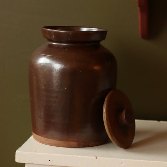Large Lidded Brown Glazed Stoneware Crock