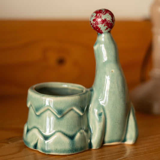 Quirky Green Glazed Seal with Ball Planter