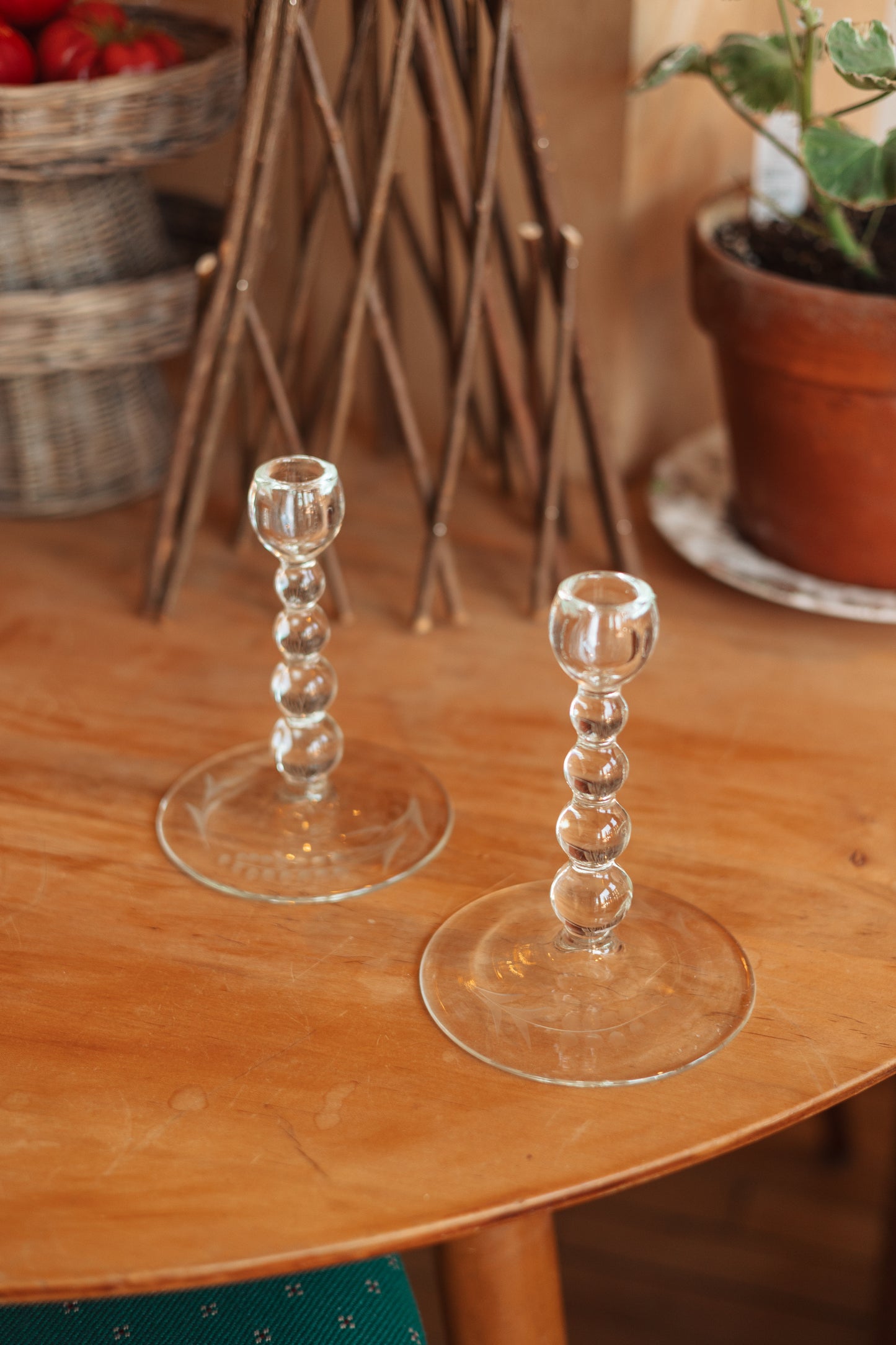 Bubble Stem Glass Candlestick Holder, Pair