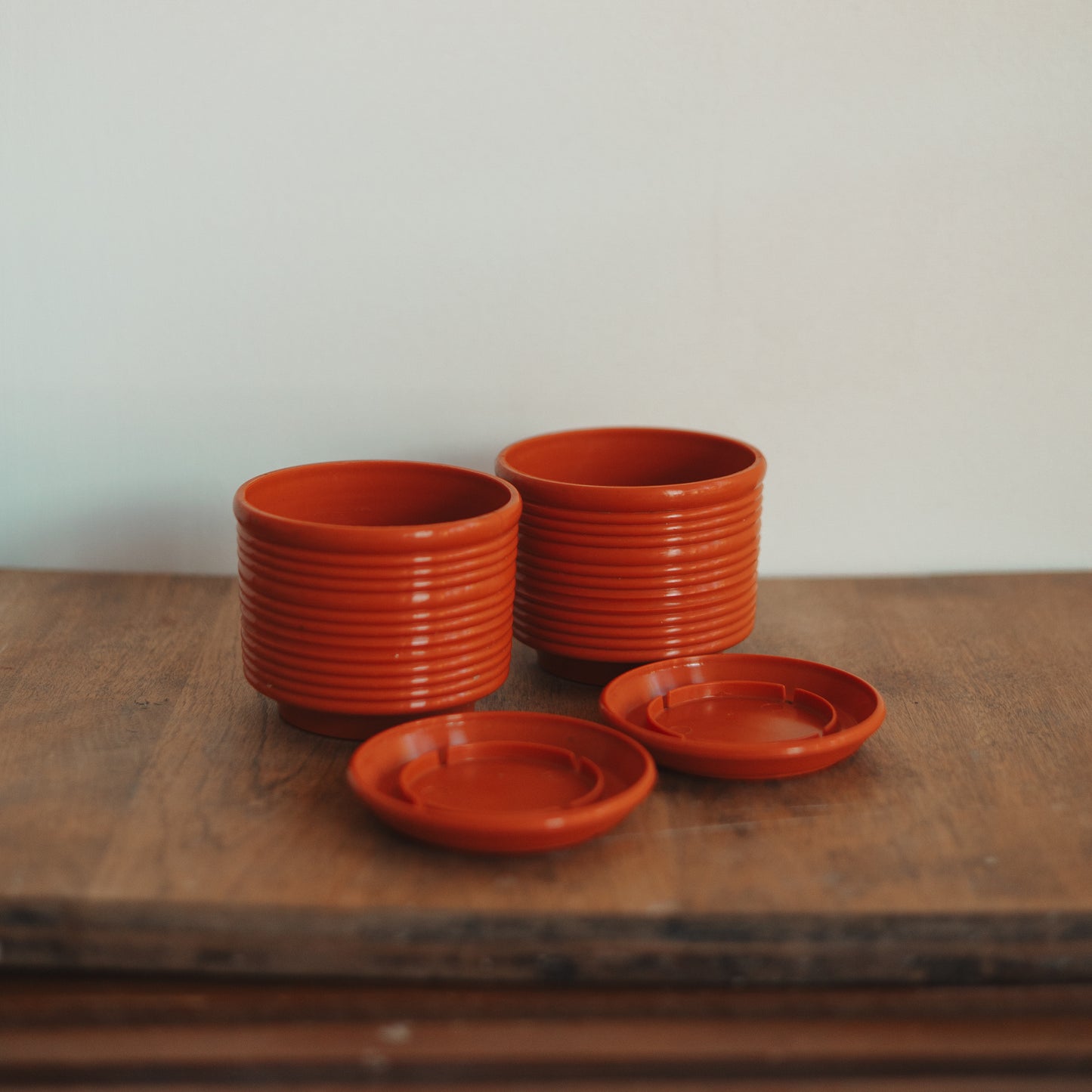Orange Ribbed Plant Pot with Matching Saucer