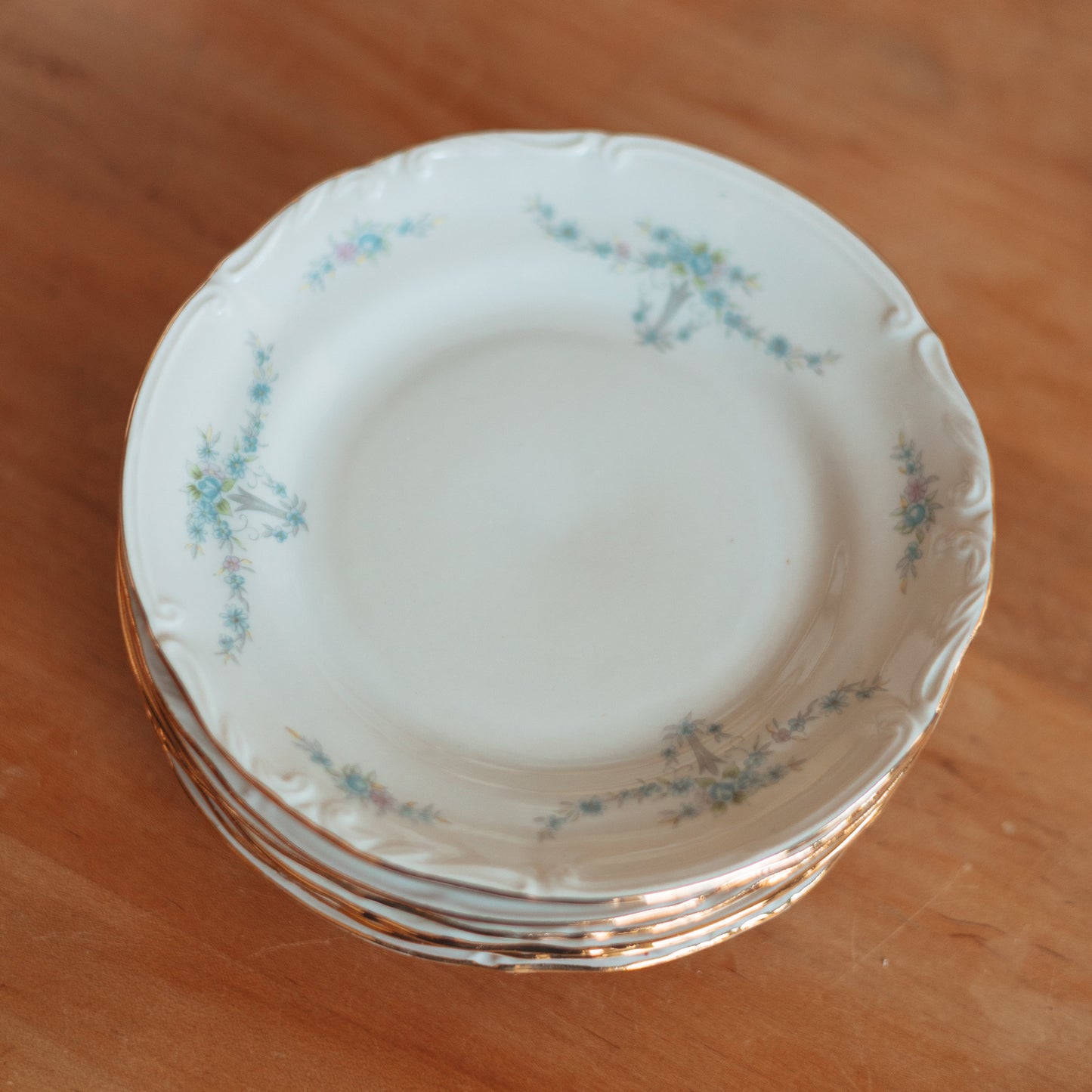 White China Dessert Plates with Blue Floral Ribbon Pattern & Gold Edge, Polish, Set of 6