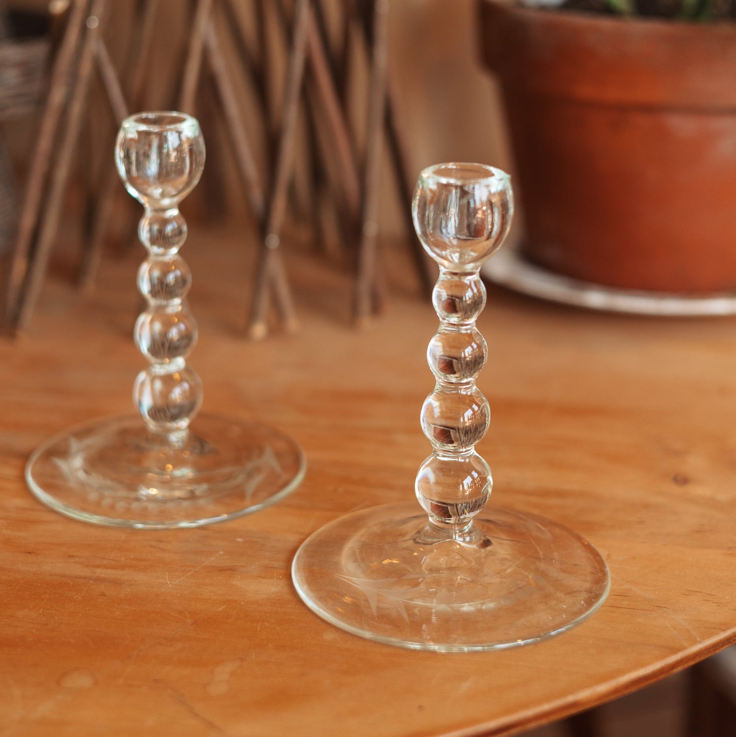 Bubble Stem Glass Candlestick Holder, Pair