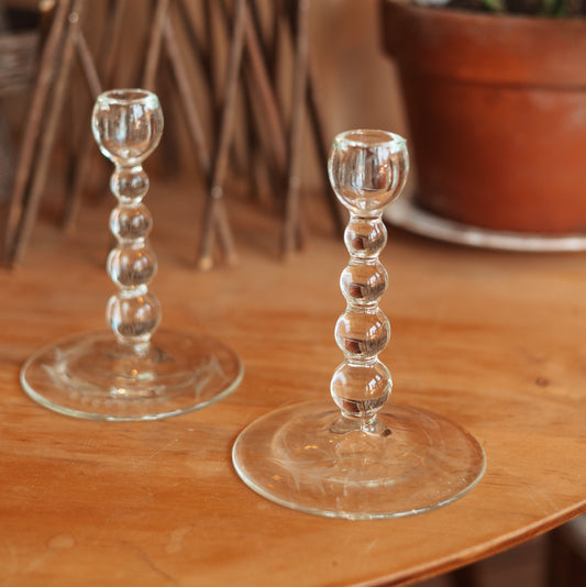 Bubble Stem Glass Candlestick Holder, Pair
