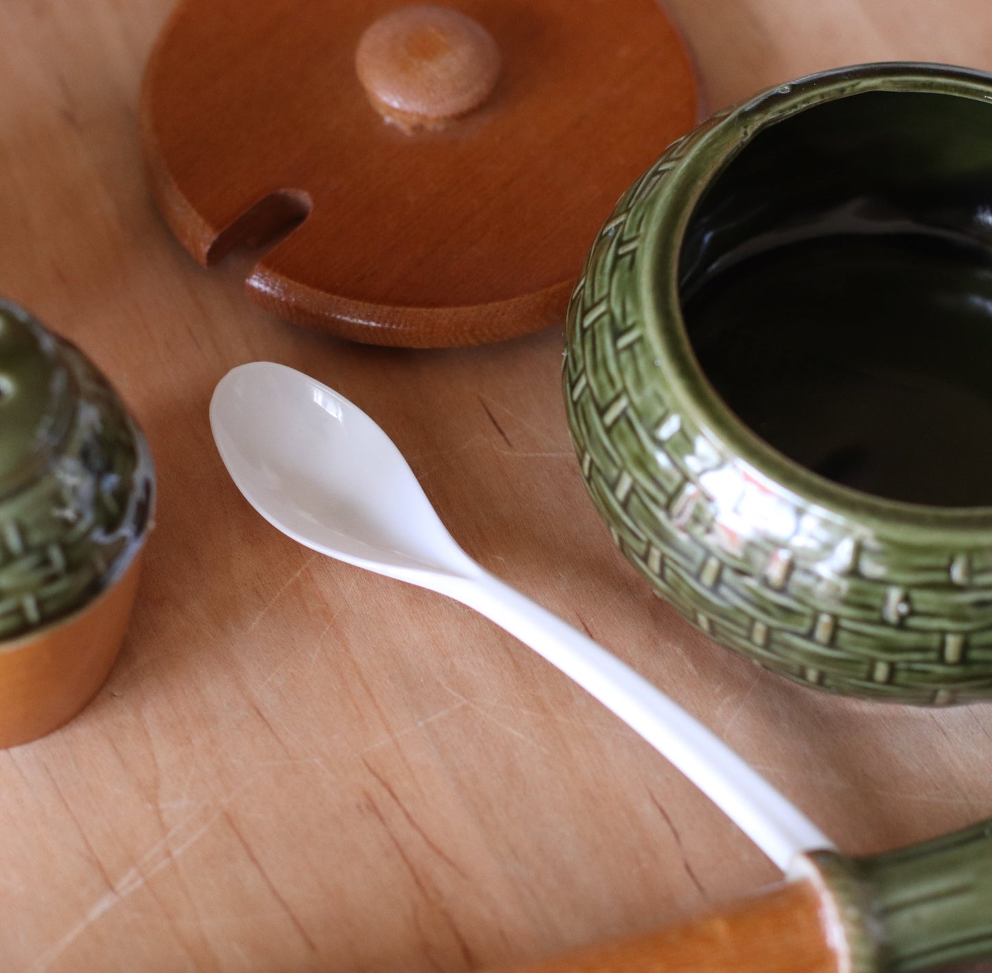 Vintage Japanese Green Porcelain and Wood Serving Set, 5 pieces