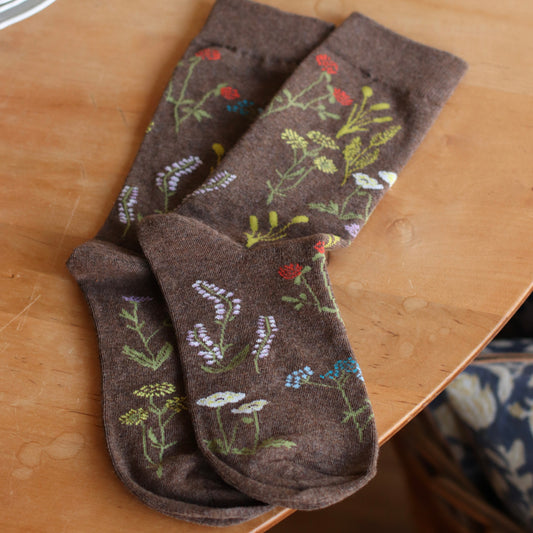 Dune Socks | Delicate Botanical Trouser Sock, Brown