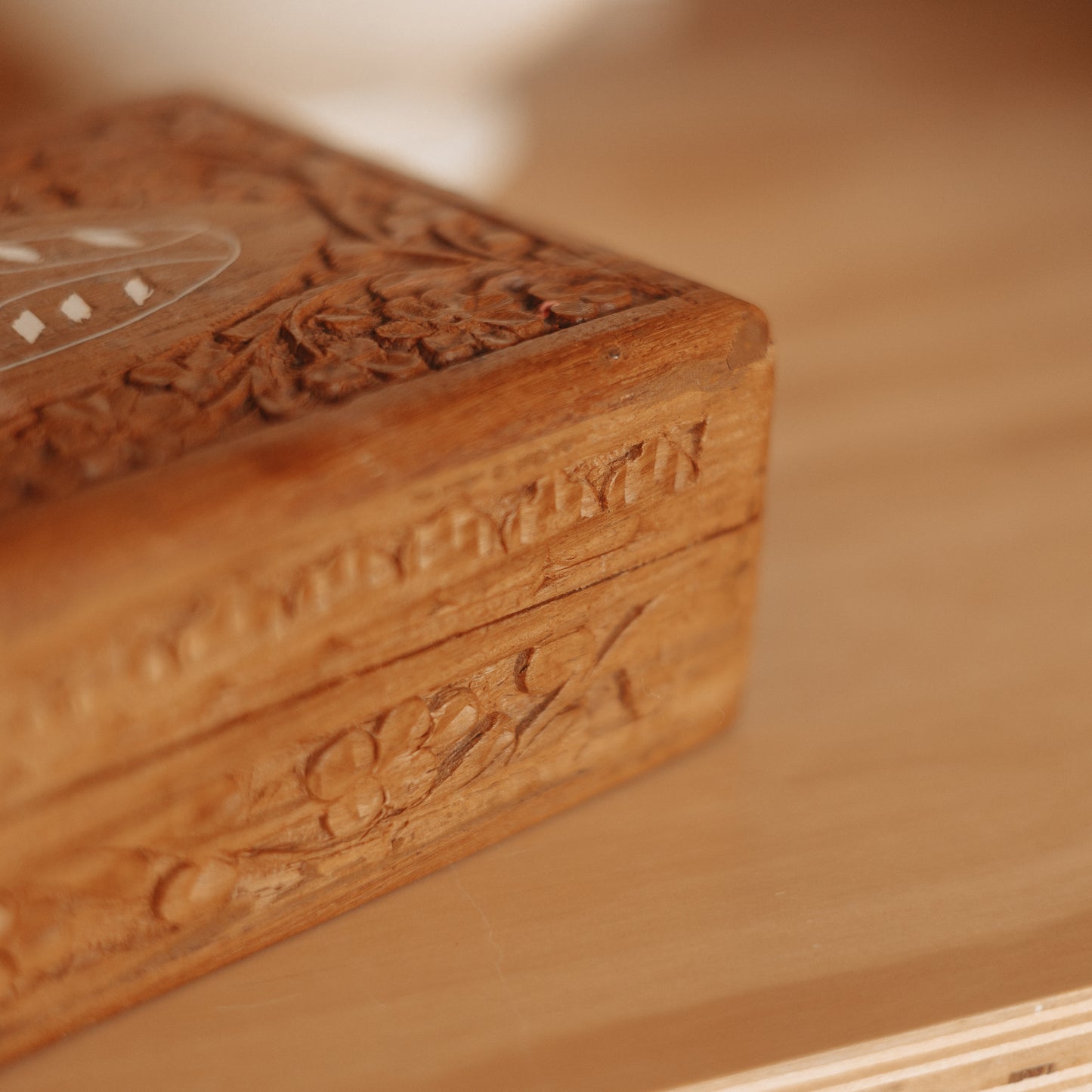Hand Carved Wooden Box with Floral Inlay