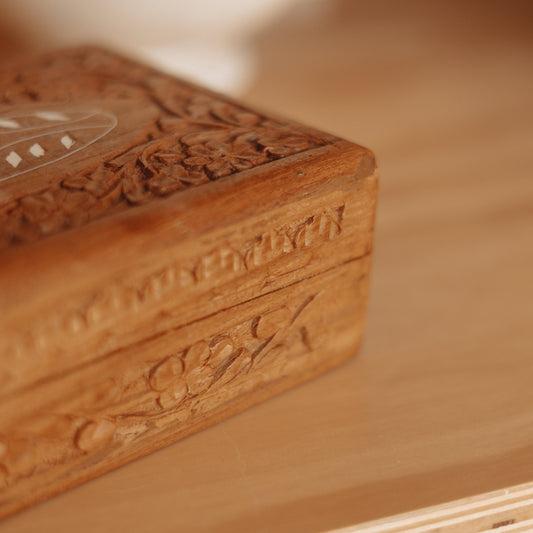 Hand Carved Wooden Box with Floral Inlay