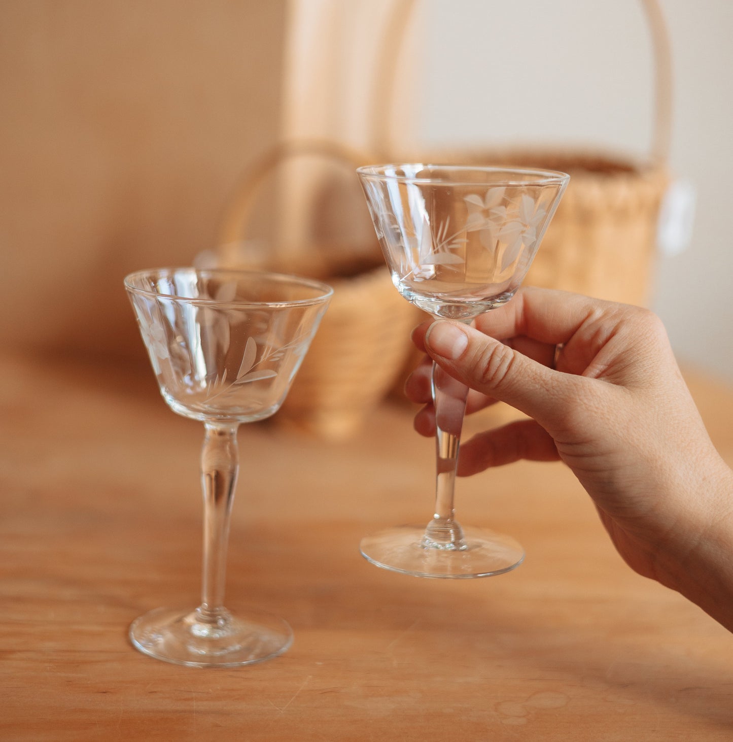 Stemmed Sipper Glass with Etched Floral Detailing, Pair
