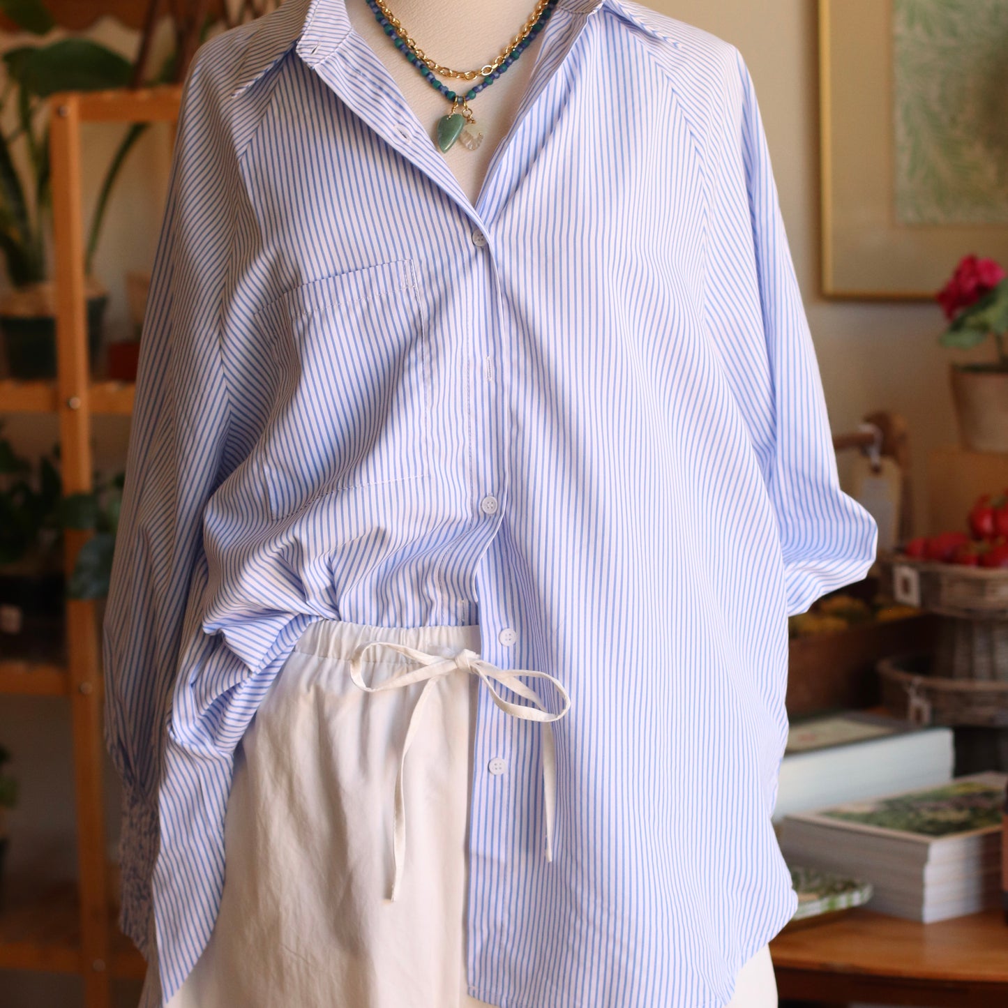 Smocked Cuff Striped Boyfriend Shirt, Chambray
