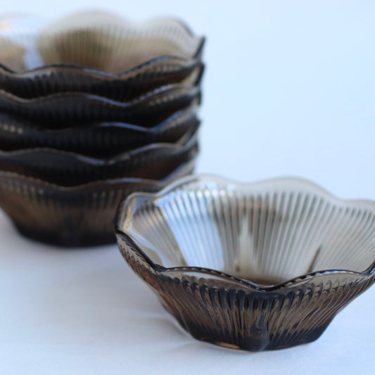 Scalloped Brown Smoke Glass Snack Bowls , Set of 6