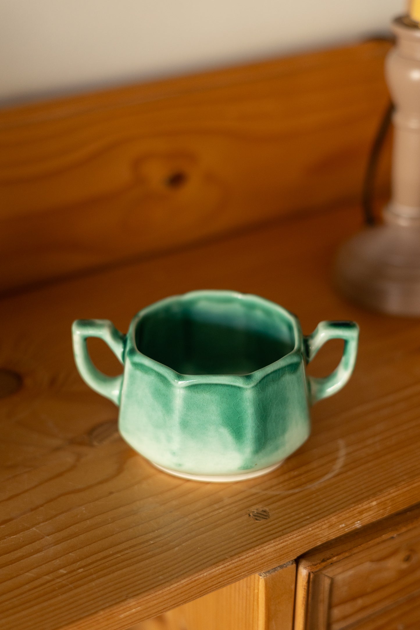 Green Glazed Ceramic Sugar Bowl