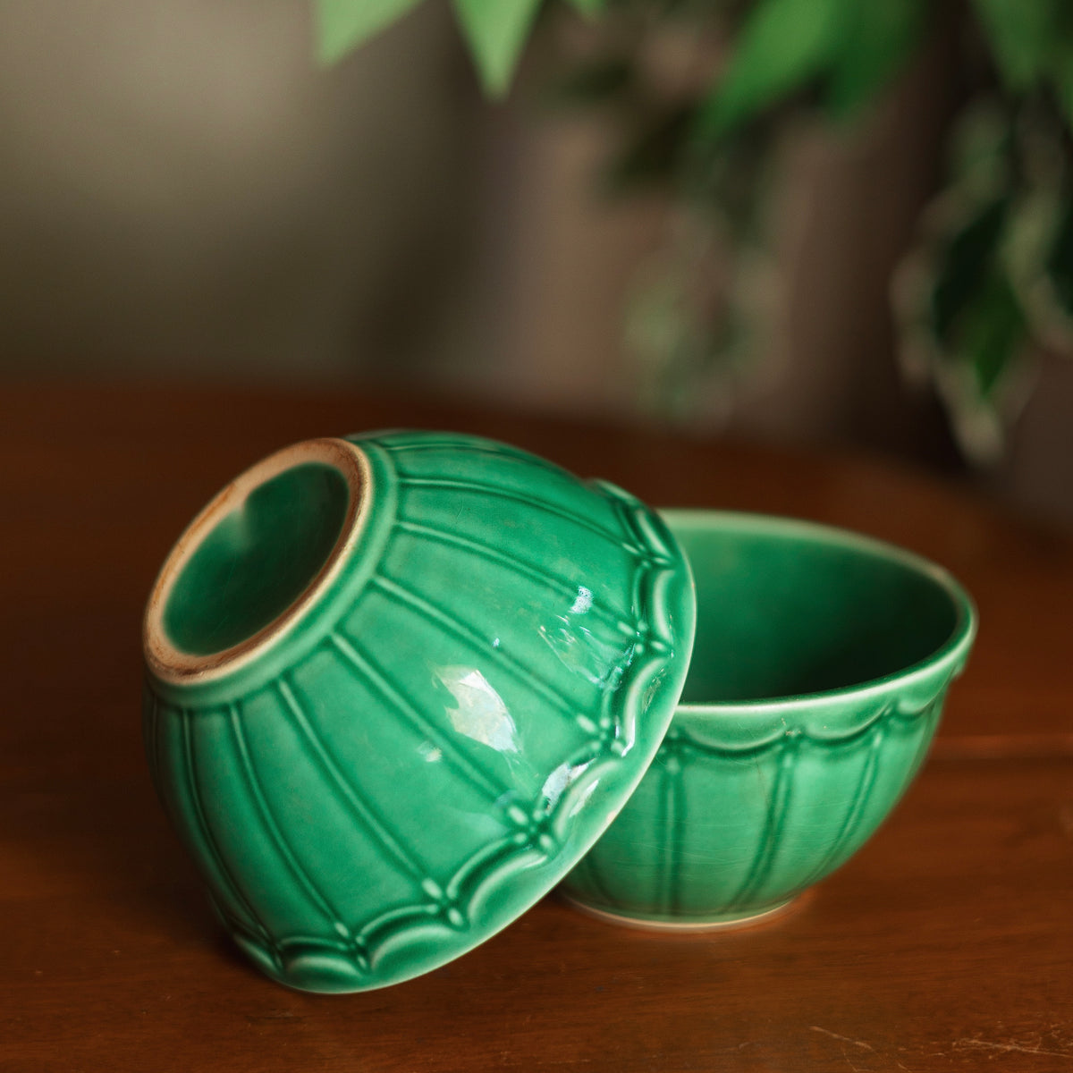 Green Glazed Scalloped Edge Bowls, Pair