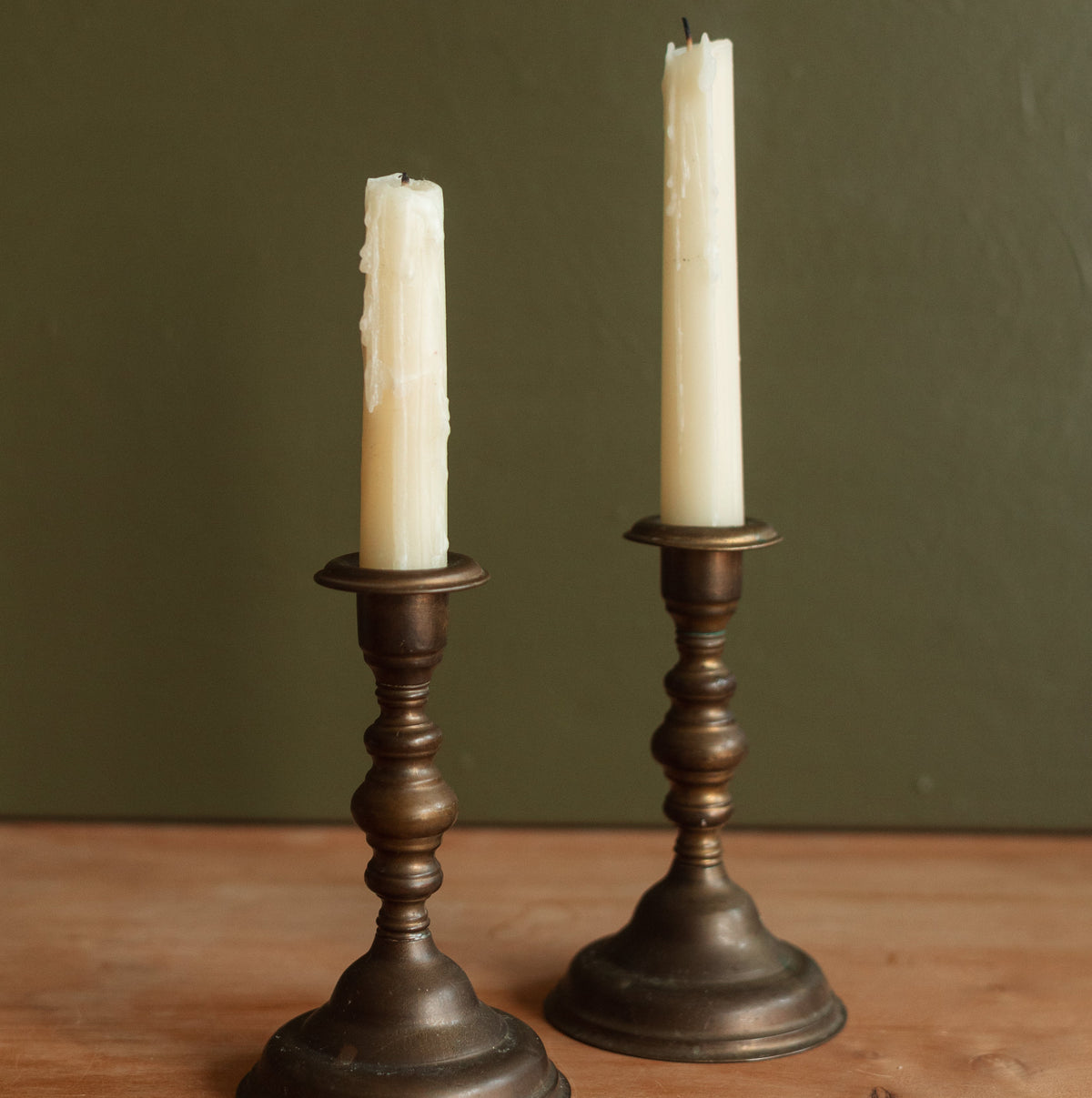 Patinated Brass Classic Turned Candlestick Holder, Pair