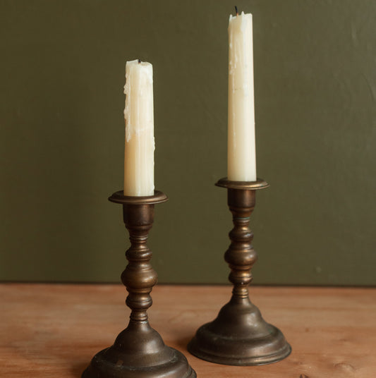 Patinated Brass Classic Turned Candlestick Holder, Pair