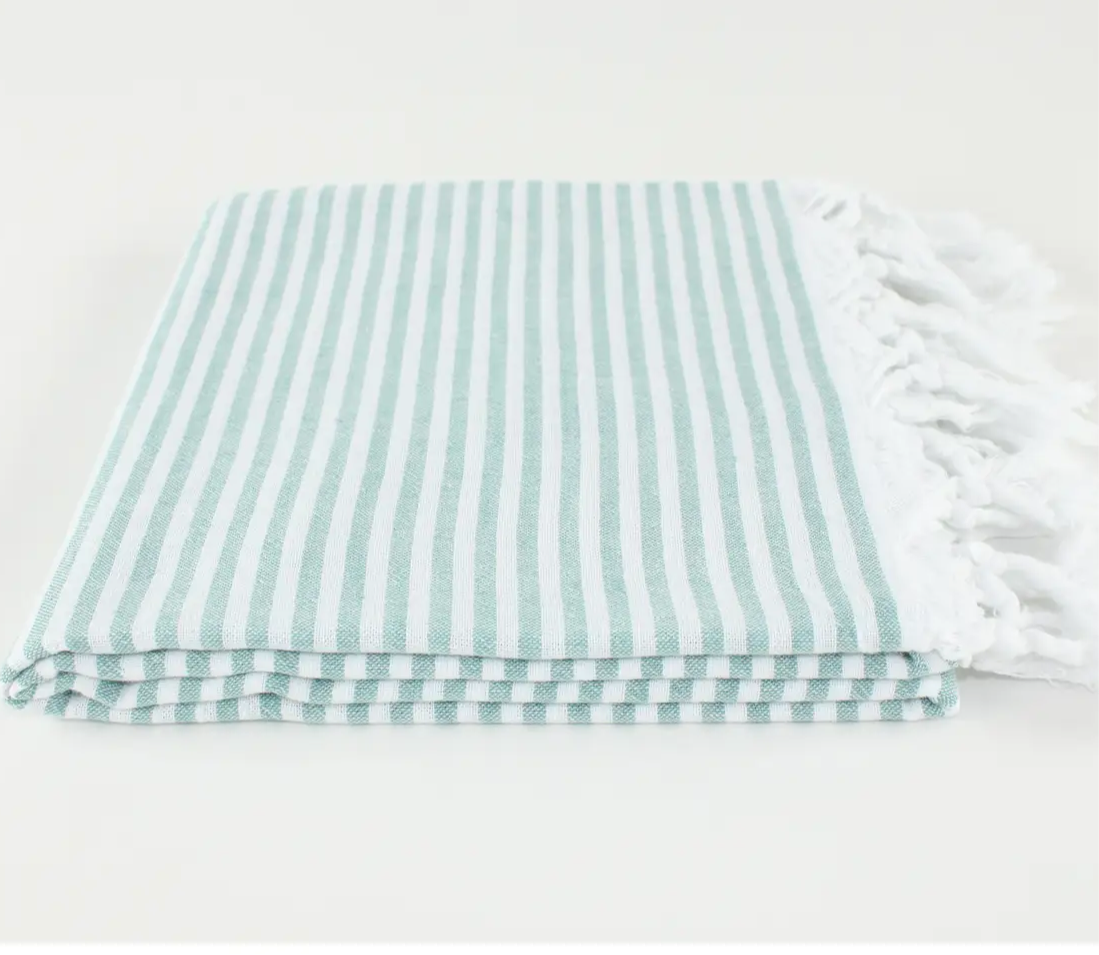 Turkish Linen & Towels | Premium Turkish Striped Peshtemal Towel, 100% Cotton, Eucalyptus