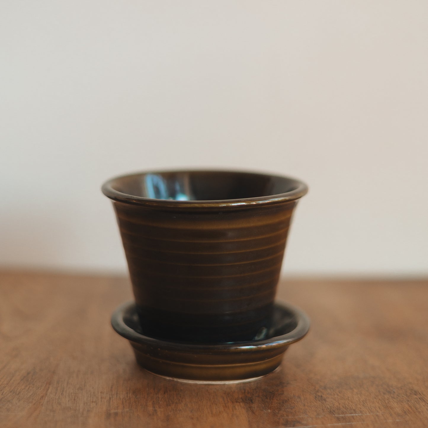 Dark Olive Green Thrown Plant Pot with Attached Saucer