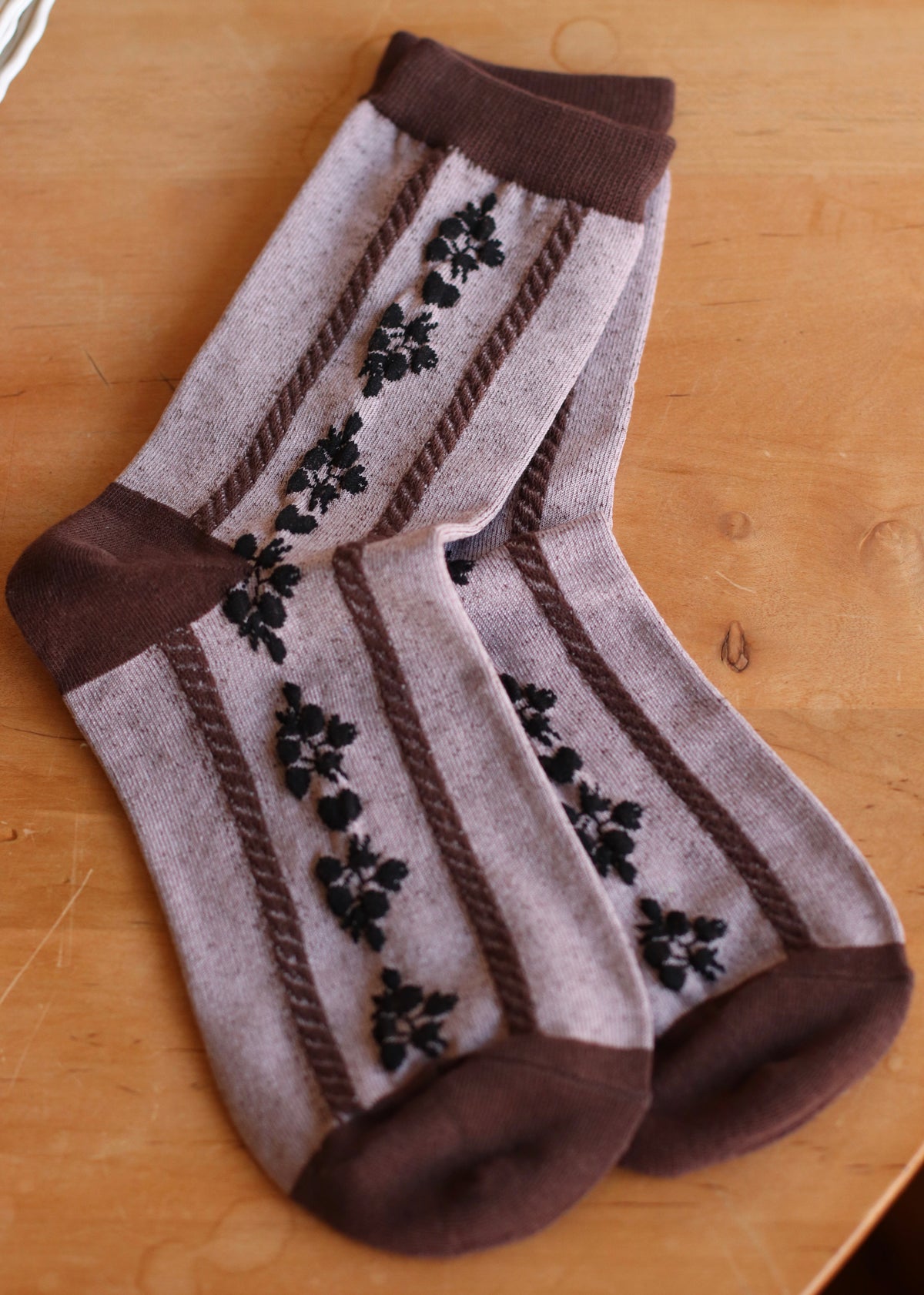 Dune Socks | Mixed Motif Brown with Black Florals Crew Sock