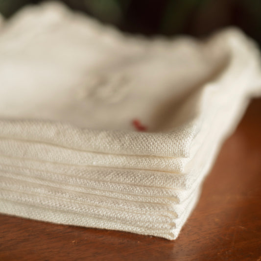 Vintage White Cocktail Napkins with Red Detailing, Set of 6