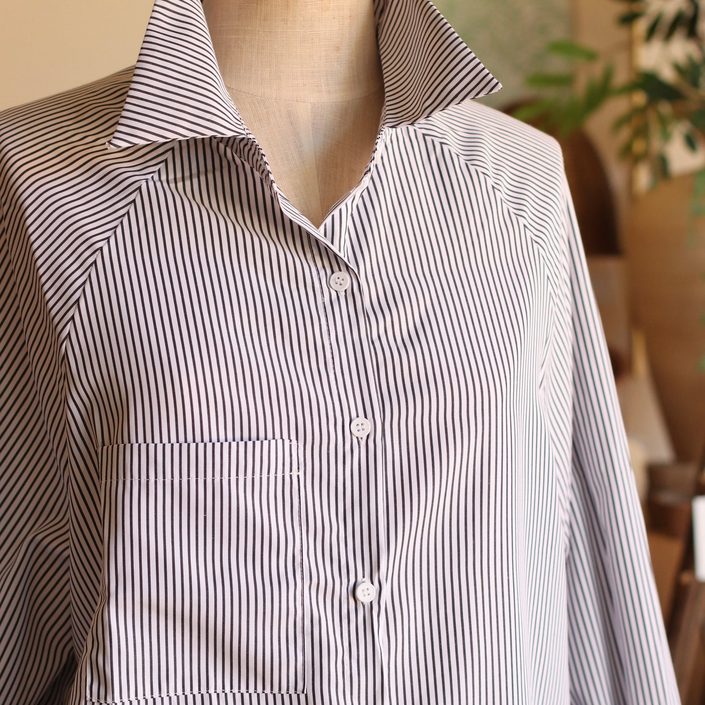 Smocked Cuff Striped Boyfriend Shirt, Grey