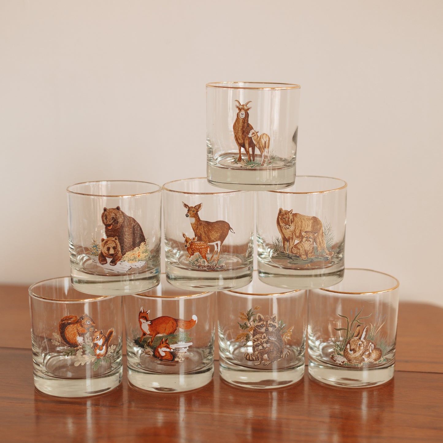 Vintage 'Wild Creatures' On the Rocks Glasses, Set of 8