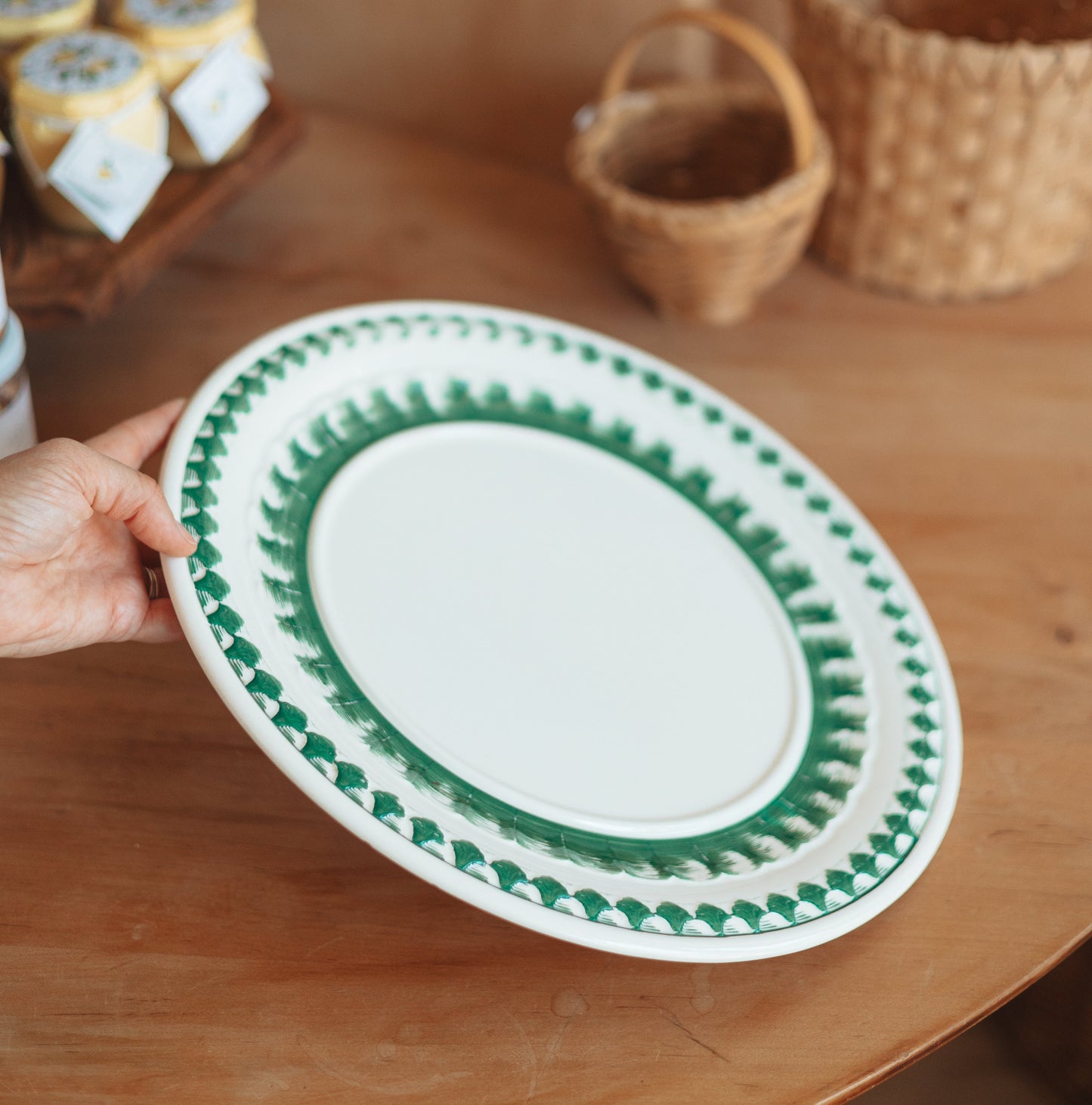 Large Serving Platter with Hand Painted Green Edge Details