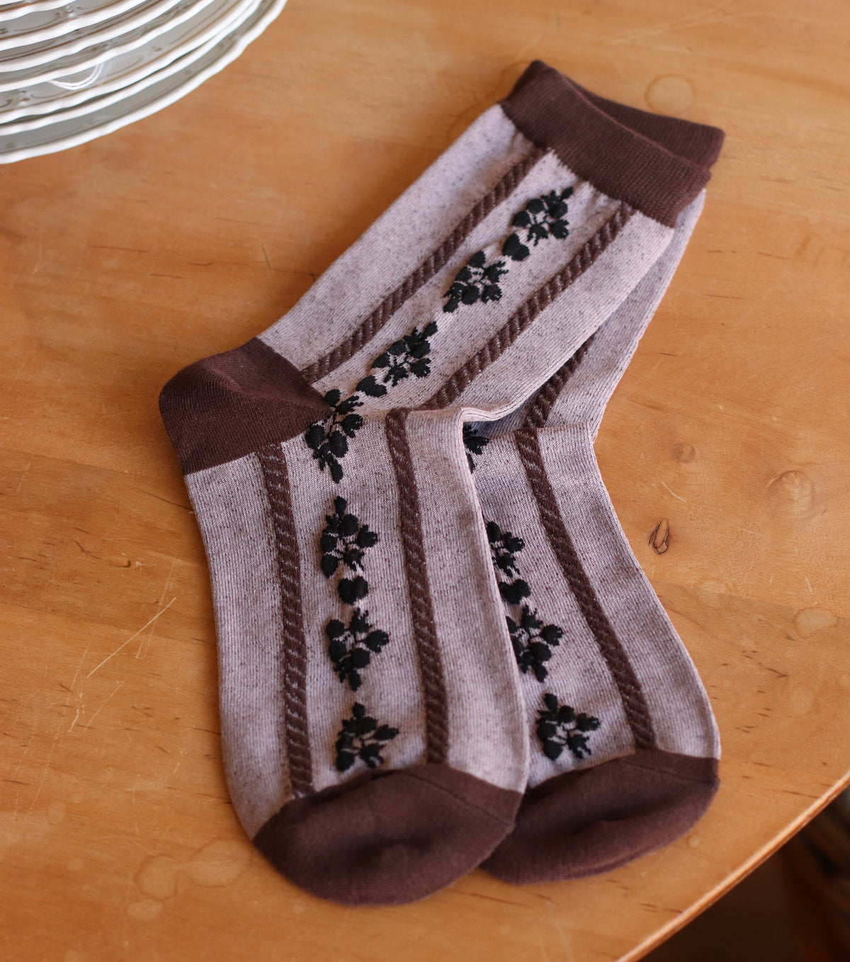 Dune Socks | Mixed Motif Brown with Black Florals Crew Sock