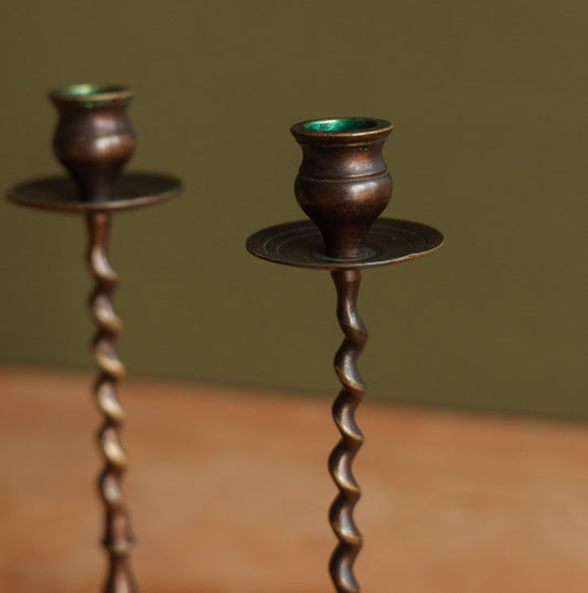 Patinated Brass Skinny Twist Candlestick Holder, Pair