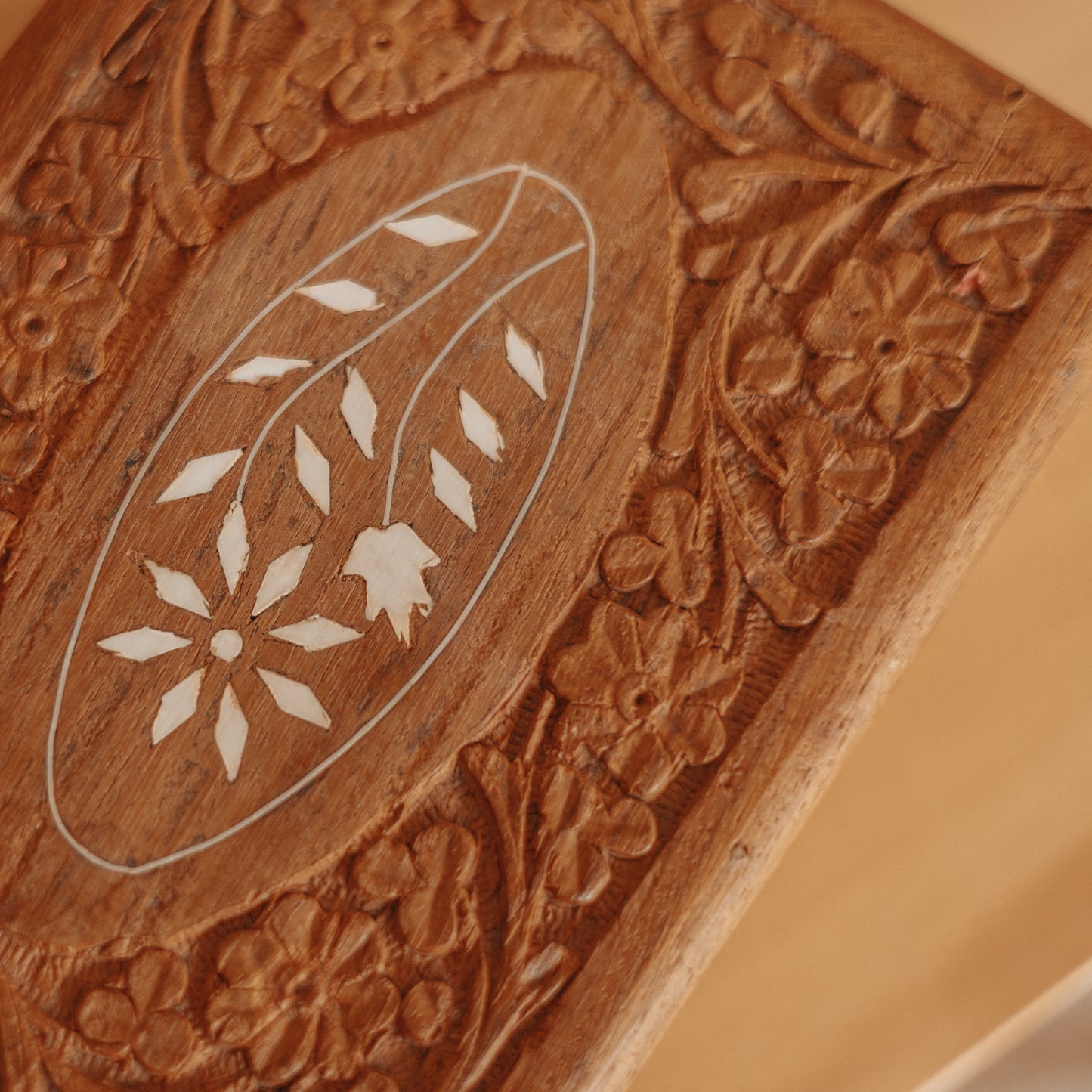 Hand Carved Wooden Box with Floral Inlay