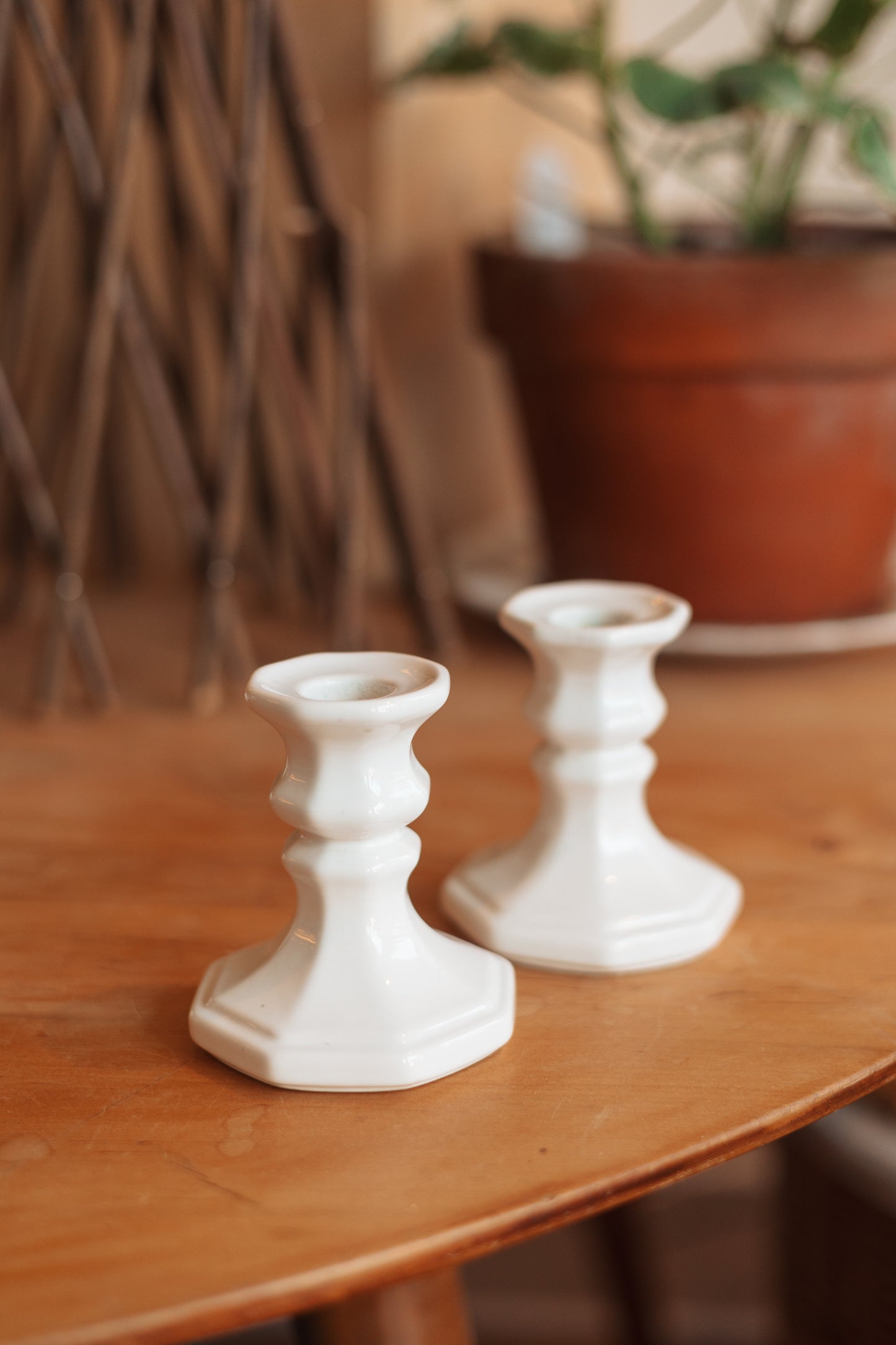 Heritage White Stoneware Candlestick Holder, Pair
