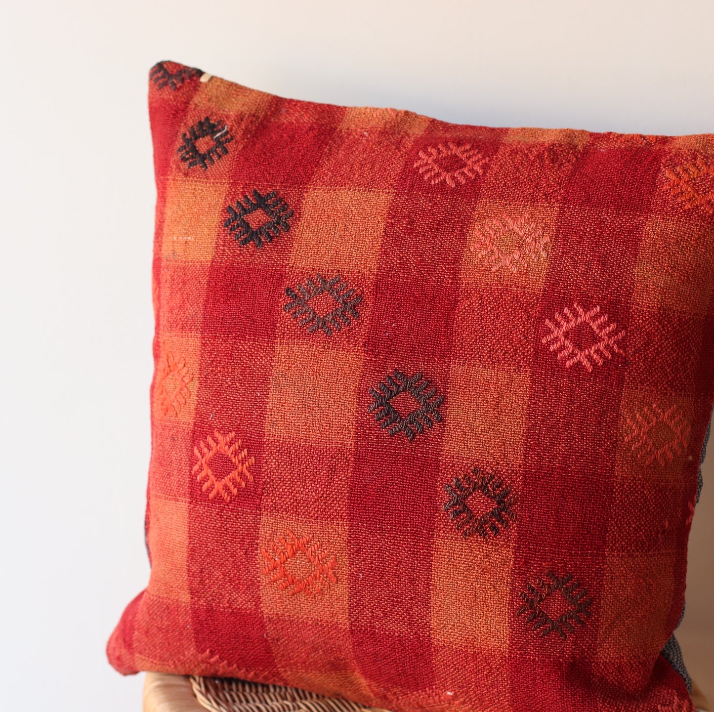 Kilim Pillow | Bold Red and Orange Check , includes insert, 18"