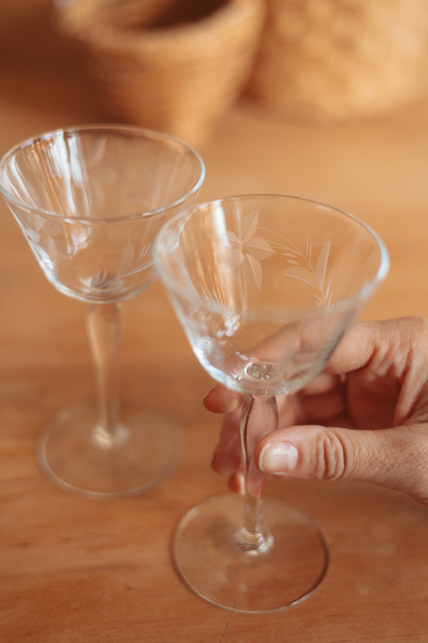 Stemmed Sipper Glass with Etched Floral Detailing, Pair
