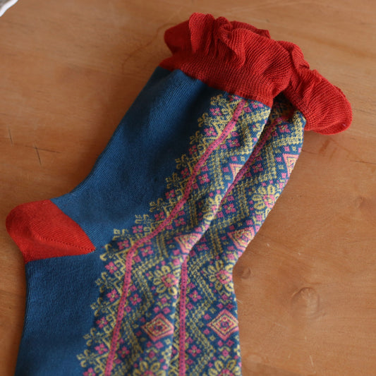 Dune Socks | Graphic Pattern Ruffled Crew Sock, Red