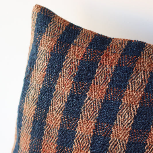 Kilim Pillow | Dark Navy Blue and Rust Check, includes insert, 16"