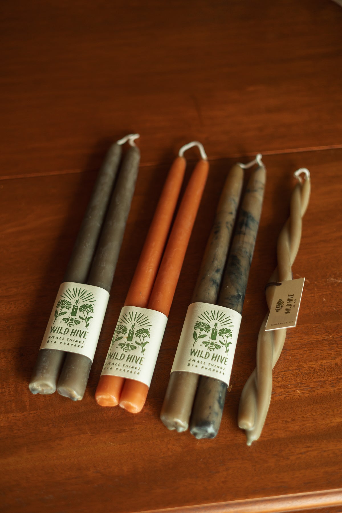 Wild Hive Apiary | 10" Twin Flame Moss Beeswax Taper Candle