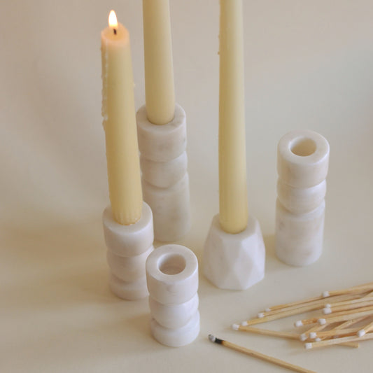 Fort & Field | White Marble Stone Bulbous Taper Candle Holder, Short