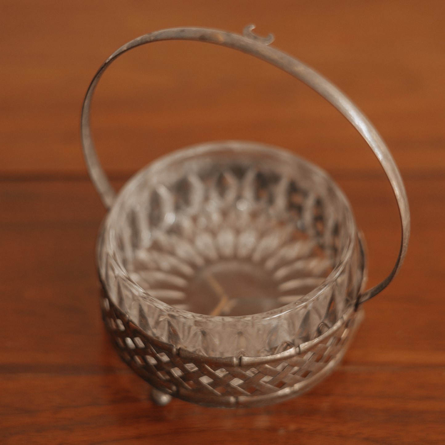 Cut Glass Dish in Silver Basket