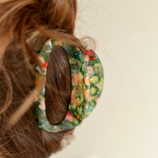 Oval Hair Clip in Green and Pink Marble