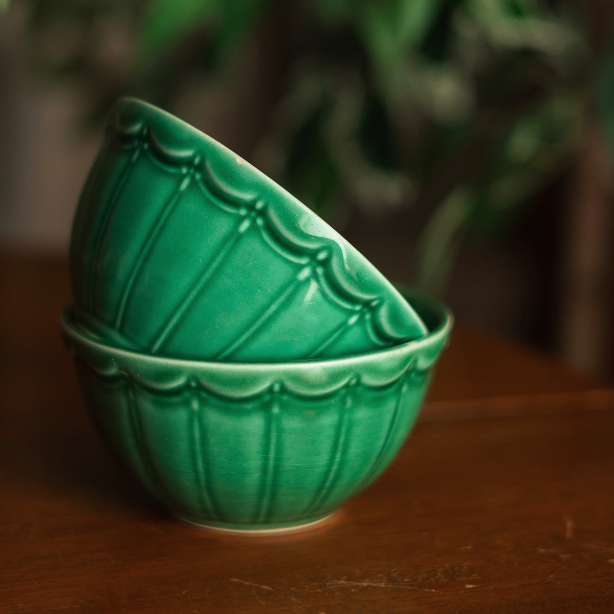 Green Glazed Scalloped Edge Bowls, Pair