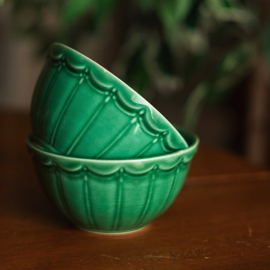 Green Glazed Scalloped Edge Bowls, Pair