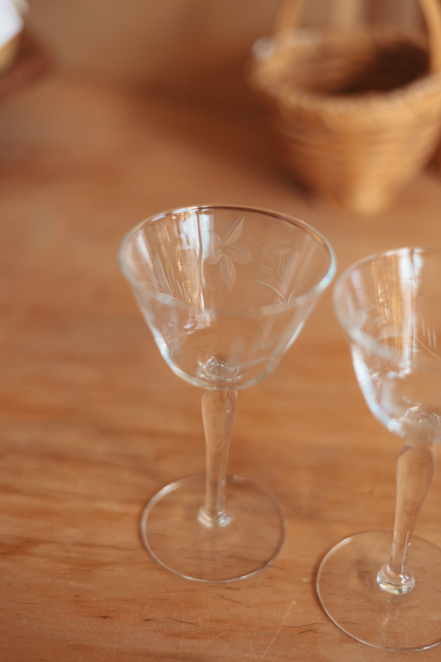 Stemmed Sipper Glass with Etched Floral Detailing, Pair