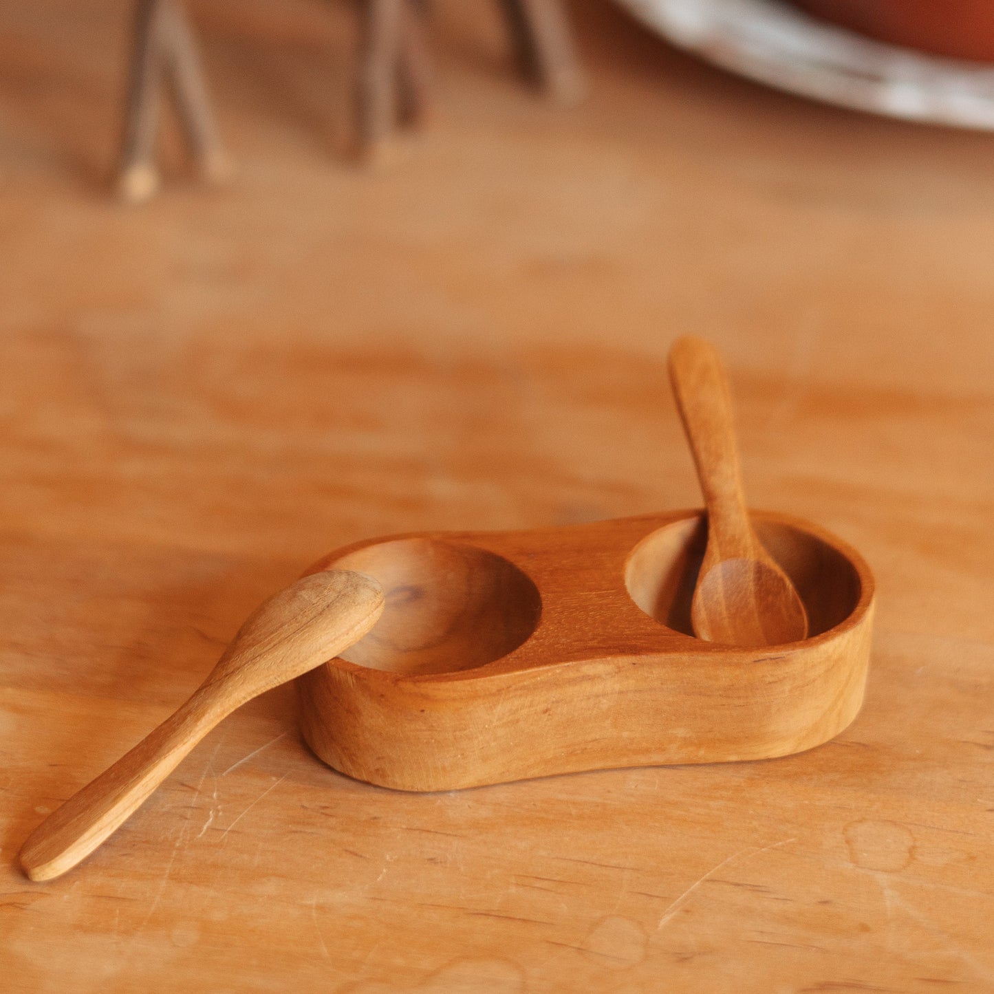 Small Wooden Salt and Pepper Cellar with Spoons