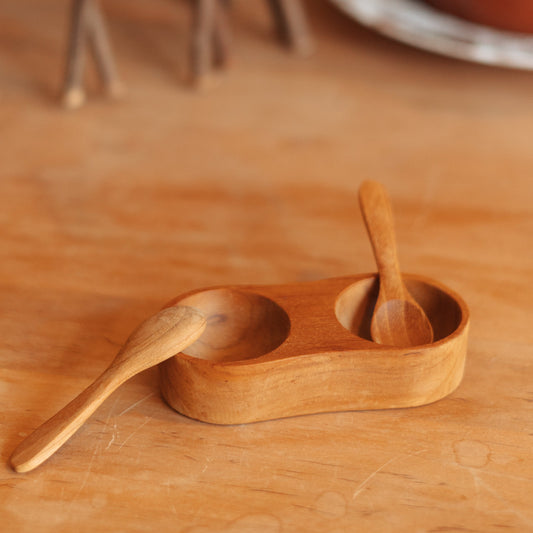 Small Wooden Salt and Pepper Cellar with Spoons
