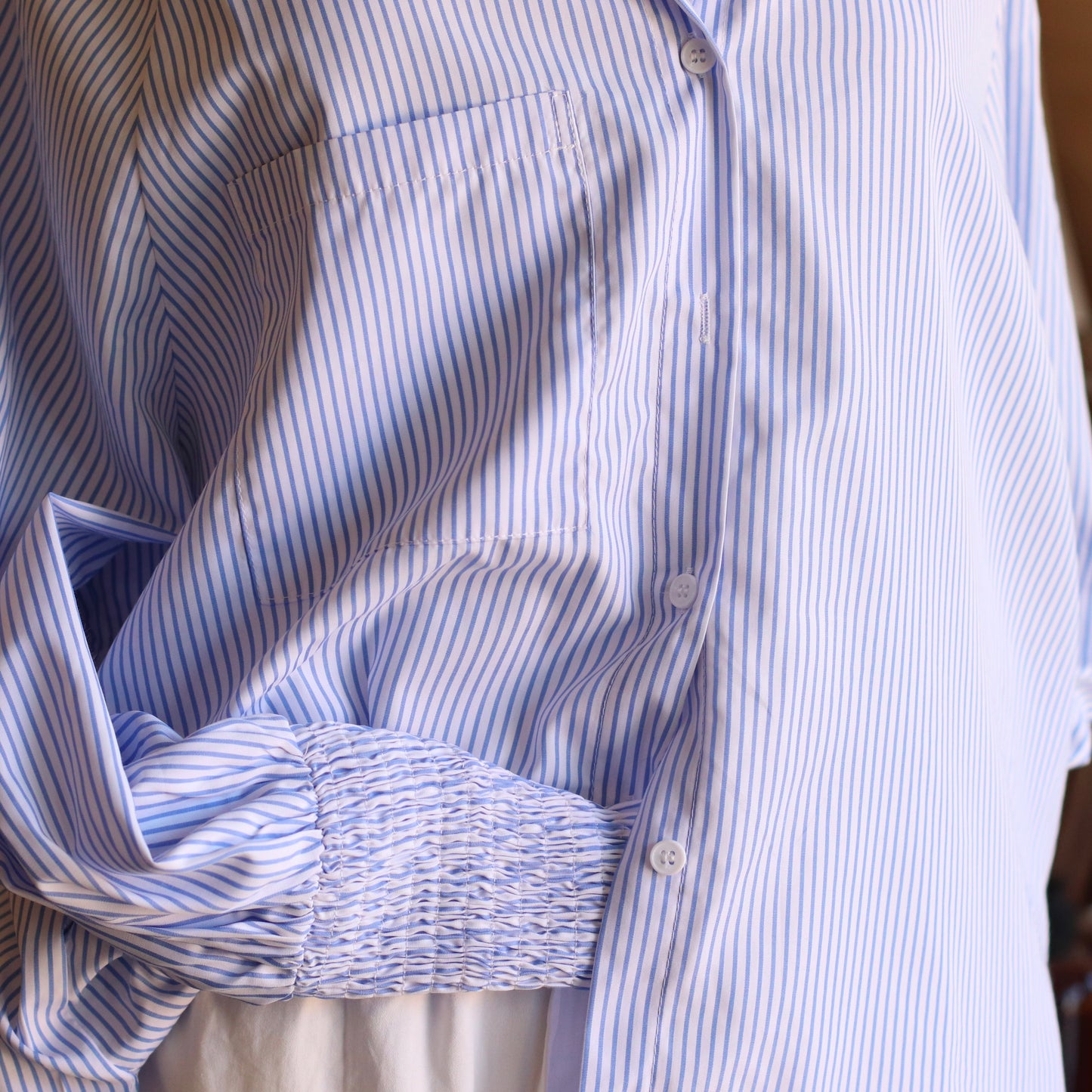 Smocked Cuff Striped Boyfriend Shirt, Chambray