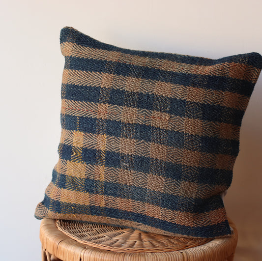 Kilim Pillow | Navy and Goldenrod Check,  includes insert 16"