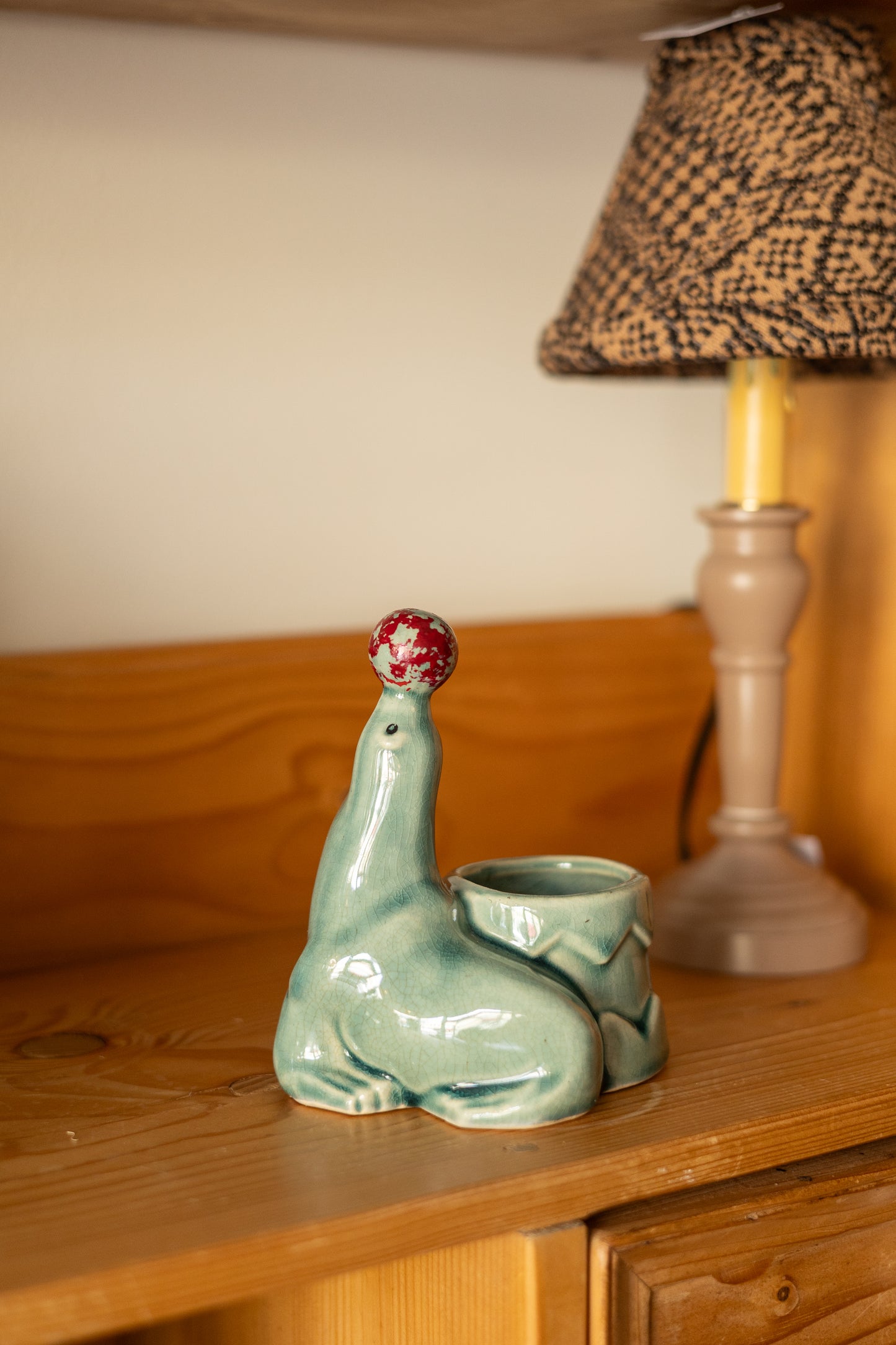 Quirky Green Glazed Seal with Ball Planter