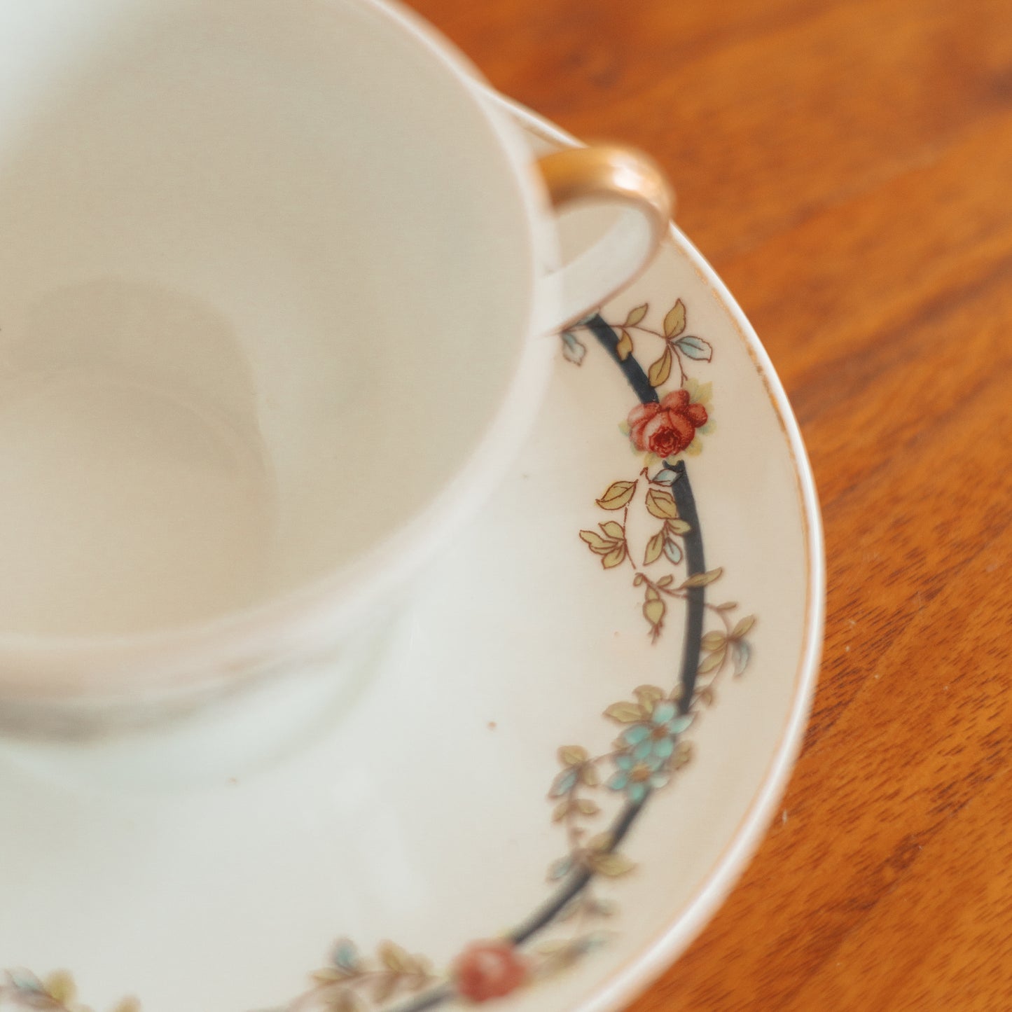 Vintage Teacup and Saucer with Flower Vine and Navy Stripe