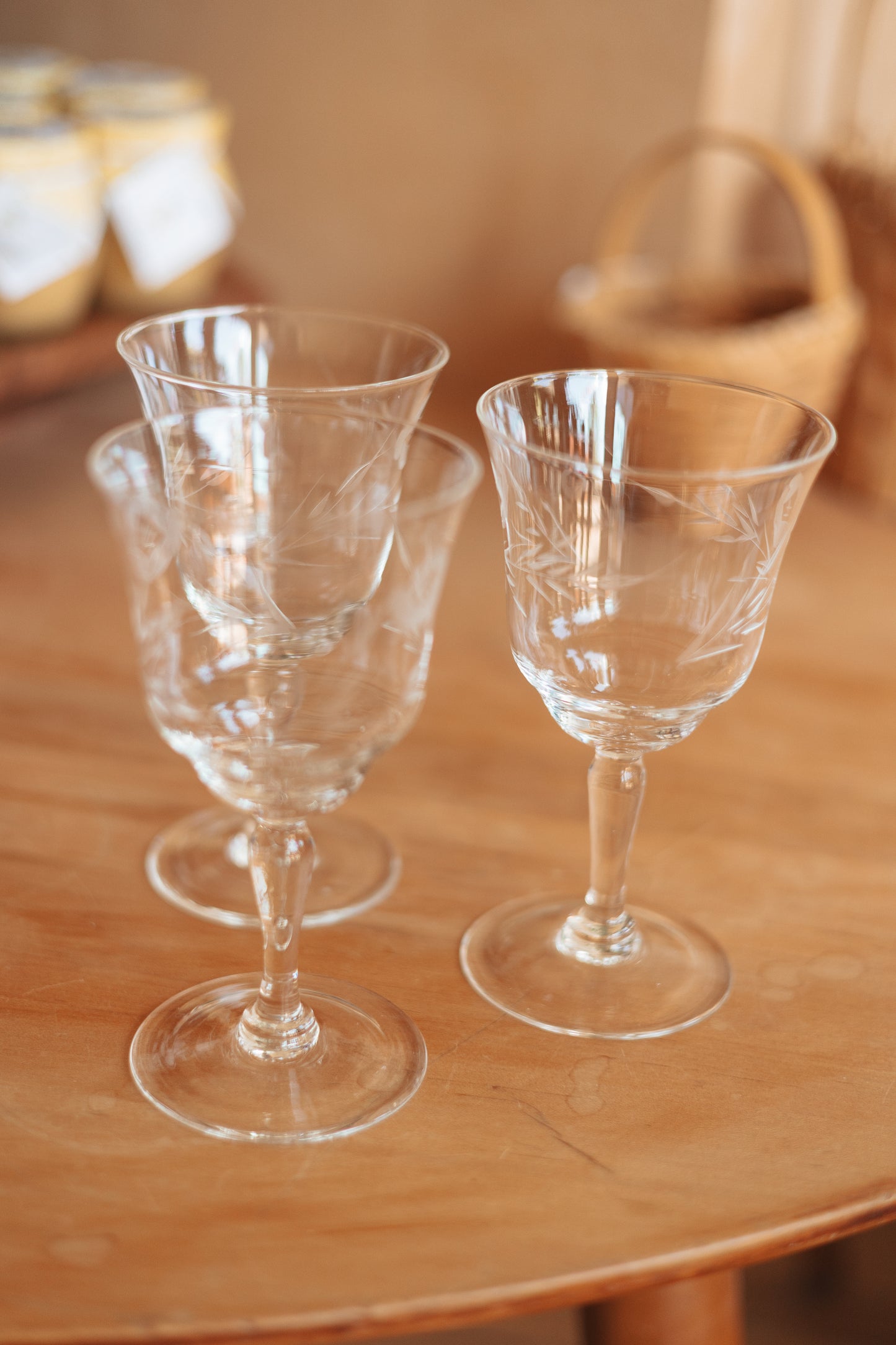 Stemmed Red Wine Glasses with Etching Detail, Set of 3