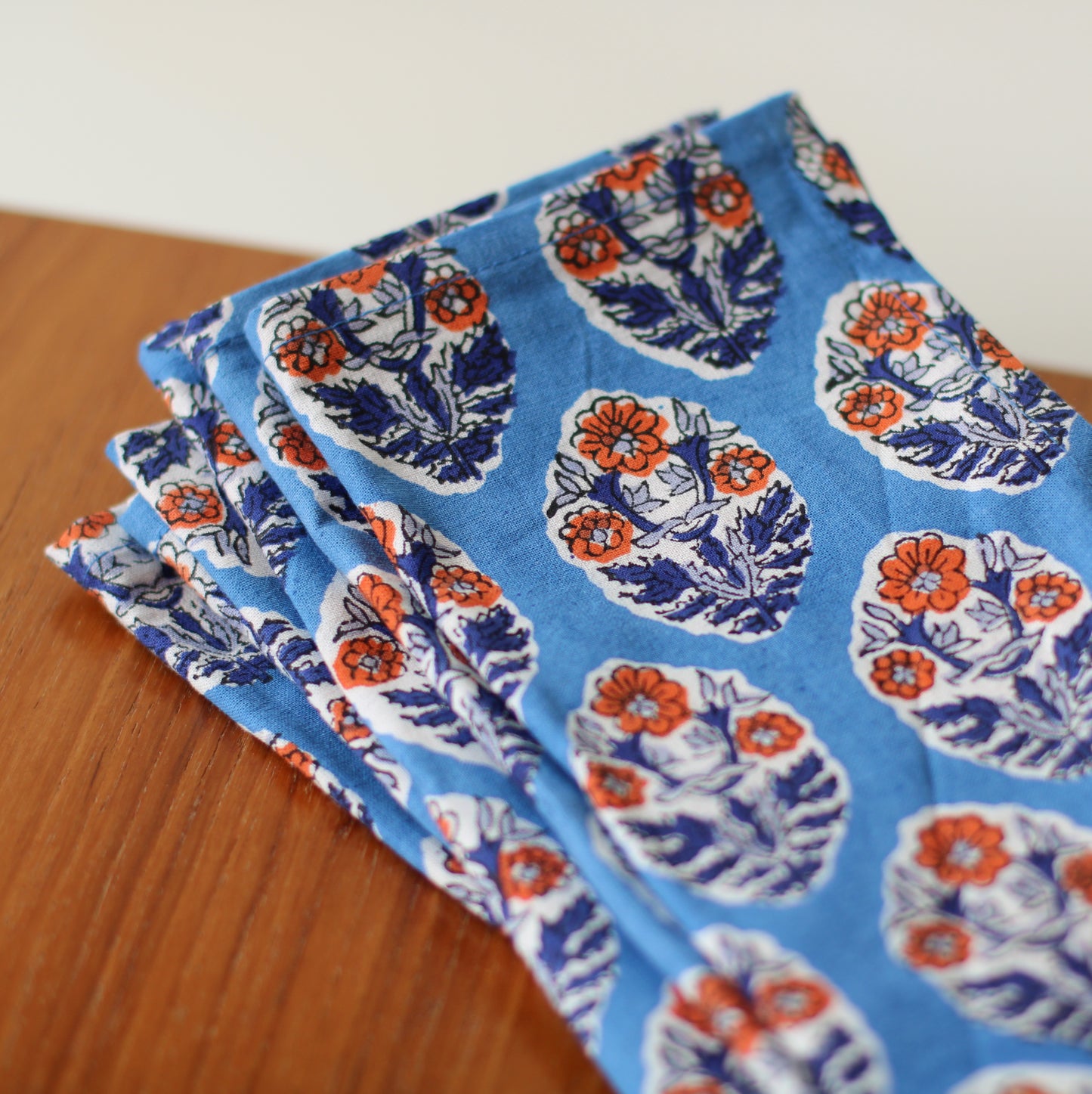 Danica Heirloom | Block Print Napkin, Deep Blue & Orange Floral