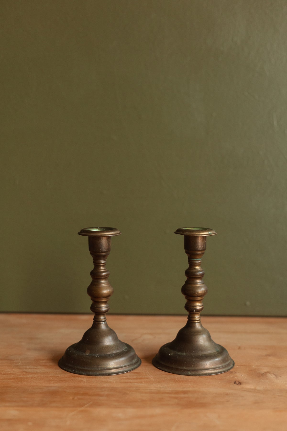 Patinated Brass Classic Turned Candlestick Holder, Pair